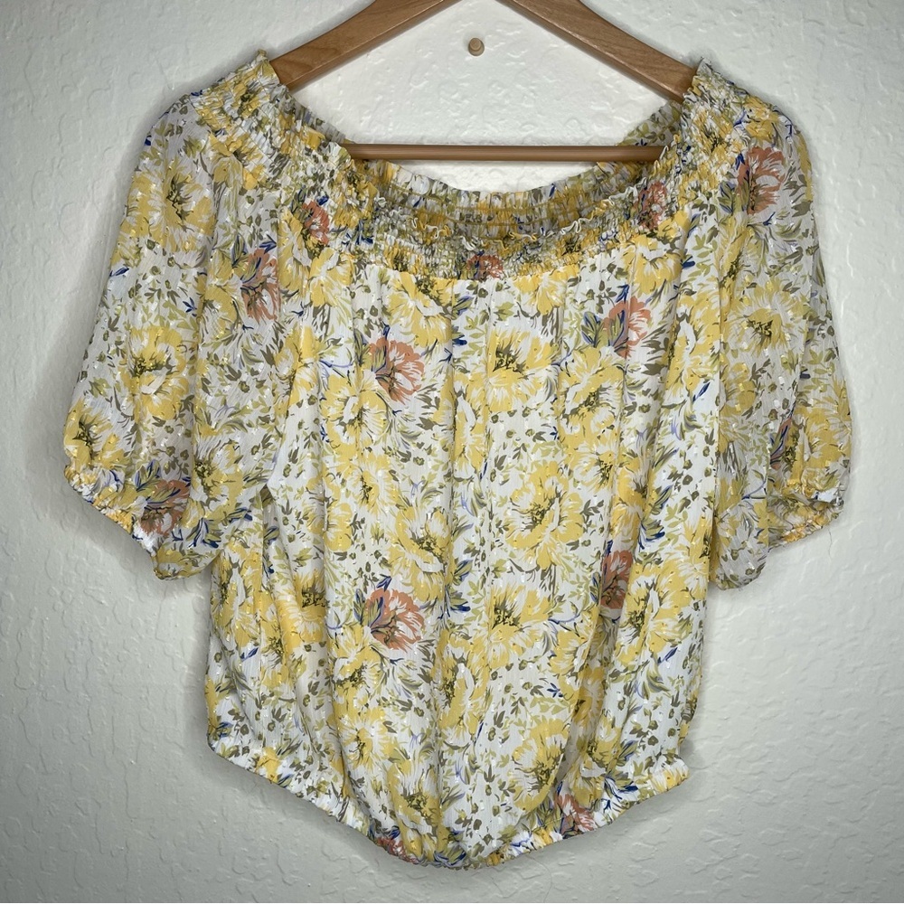 Joie Women's Yellow Floral Smocked Off Shoulder Chiffon Top M Cottagecore Boho
